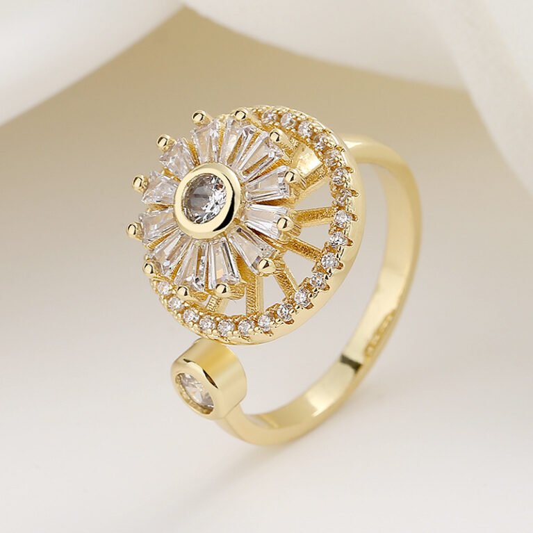 Rotating diamond studded flower circular ring