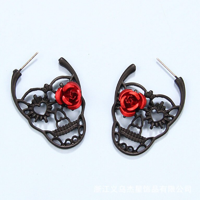 Halloween Black Alloy Hollow Retro Skull Rose Women's Earrings